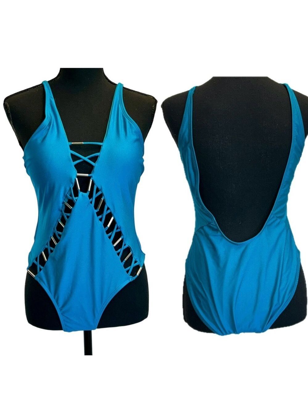 Tinibikini blue one piece swimsuit braided cutouts open low back sexy XL